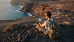 Backpacker using mobile data on smartphone while travelling across the Canary Islands
