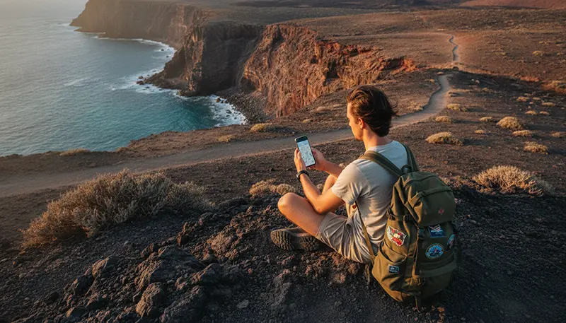 Backpacker using mobile data on smartphone while travelling across the Canary Islands