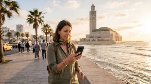 Tourist using mobile data in Casablanca Morocco