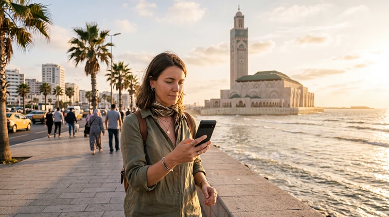 Tourist using mobile data in Casablanca Morocco