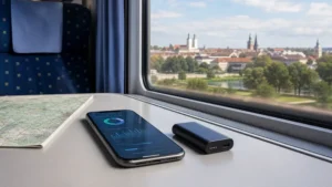 Mobile data planning on a train near České Budějovice.