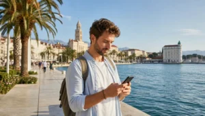 Traveller using mobile data on a smartphone along Split’s waterfront promenade.
