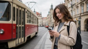 Traveller using mobile data near a tram in Prague.