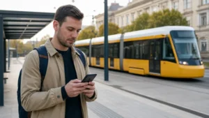 Traveller checking mobile data beside a tram stop in Debrecen
