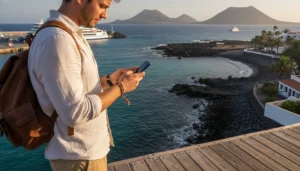 Traveller using mobile data on smartphone while island hopping in the Canary Islands