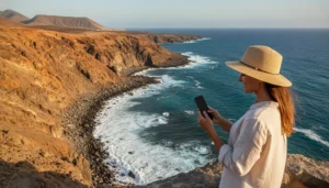 Tourist using mobile data on smartphone while exploring Fuerteventura Canary Islands