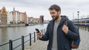 Traveller checking mobile data on the Gdańsk waterfront.
