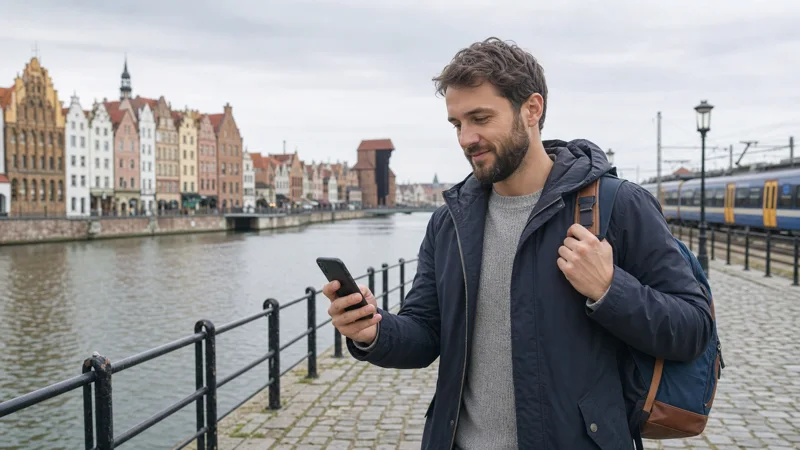 Traveller checking mobile data on the Gdańsk waterfront.