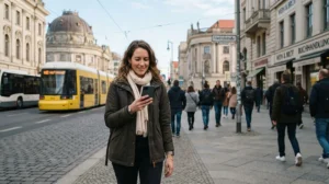 Tourist using mobile data on a smartphone while travelling through Germany