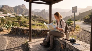 Traveller using mobile data for navigation and transport while exploring Gran Canaria