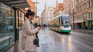 Traveller checking mobile data on a smartphone in Graz