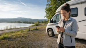 Passenger checking mobile data coverage on a smartphone during a Hungary road trip