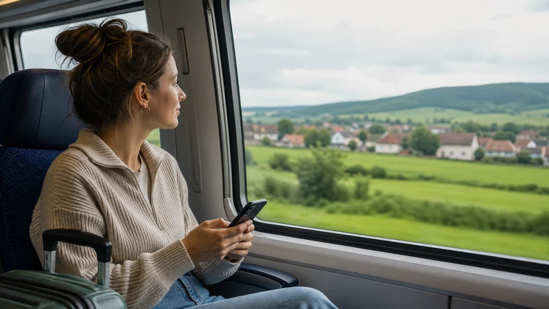 Traveller using mobile data on a train through the Hungarian countryside