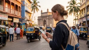 Traveler using mobile data while exploring India