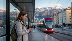 Traveller checking mobile data in Innsbruck with the Alps behind