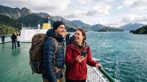 Mobile data on Interislander ferry in New Zealand with tourists using eSIM connectivity during Cook Strait crossing
