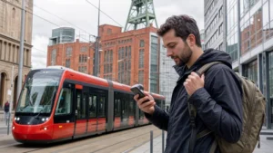 Traveller checking mobile data beside a Katowice tram.