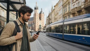 Traveller checking mobile data near a Kraków tram stop.