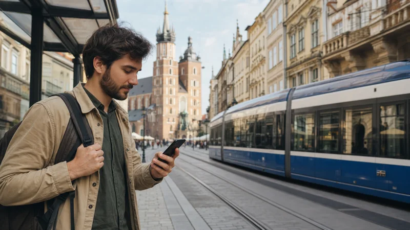 Traveller checking mobile data near a Kraków tram stop.