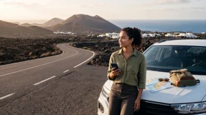 Traveller using mobile data while exploring Lanzarote by rental car