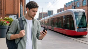 Traveller checking mobile data beside a tram in Łódź.