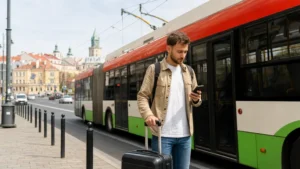 Traveller checking mobile data near a Lublin trolleybus stop.