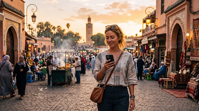 Tourist using mobile data in Marrakech Morocco