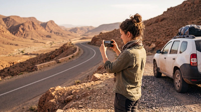 Tourist using mobile data during a Morocco road trip