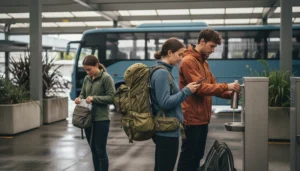 Backpackers using mobile data while waiting for transport during a trip around New Zealand