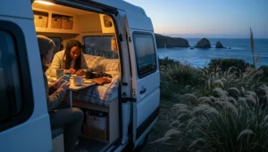 Travellers using mobile data inside a campervan at a coastal campground in New Zealand