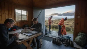 Hikers preparing mobile data, offline maps and power banks before a New Zealand backcountry walk
