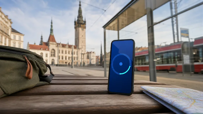Mobile data planning beside an Olomouc tram stop.