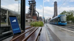 Mobile data planning beside an Ostrava tram stop.
