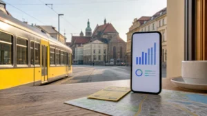 Mobile data planning beside a Pilsen tram.