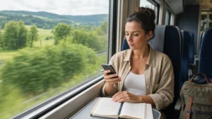 Traveller checking mobile data while riding an intercity train through Poland.
