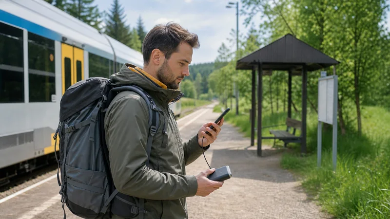 Backpacker checking mobile data beside a regional train in Poland.