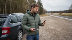Passenger checking mobile data beside a parked car on a Polish regional route.