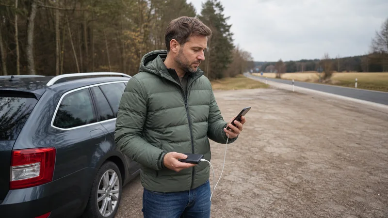 Passenger checking mobile data beside a parked car on a Polish regional route.
