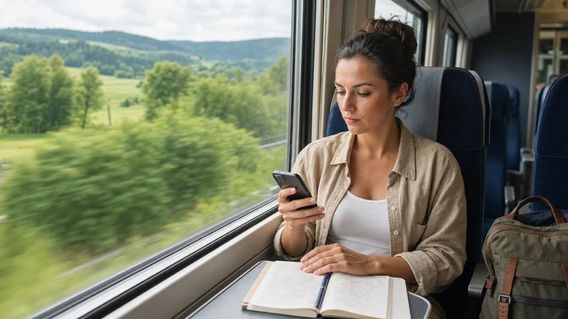 Traveller checking mobile data while riding an intercity train through Poland.
