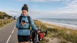 Traveller checking mobile data near a Polish Baltic beach and regional train.