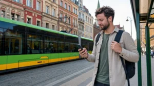 Traveller checking mobile data beside a Poznań tram stop.