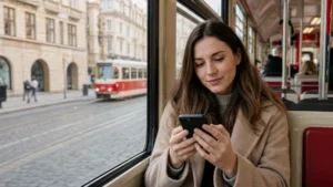 Traveller using mobile data on a Prague tram.