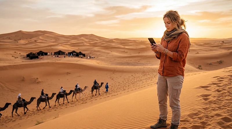 Tourist using mobile data in the Sahara Desert Morocco