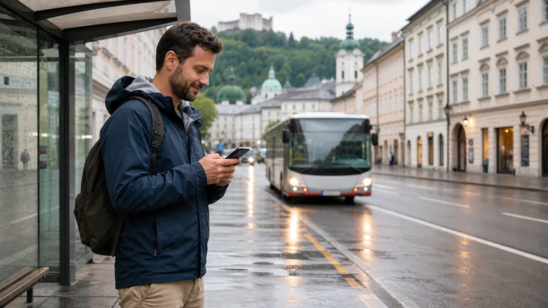 Traveller checking mobile data on a smartphone in Salzburg