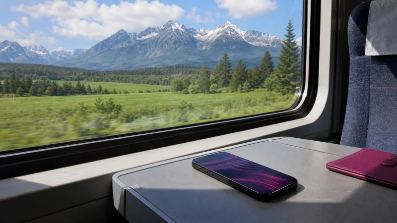 Smartphone on a train table with the High Tatras visible through the window.