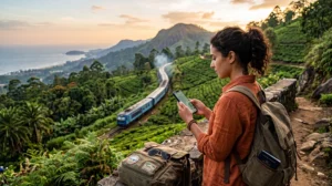 Traveler using mobile data while exploring Sri Lanka