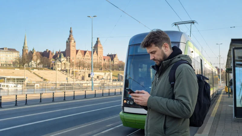 Traveller checking mobile data near a Szczecin tram.
