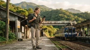 Backpacker using mobile data while travelling by train through Taiwan