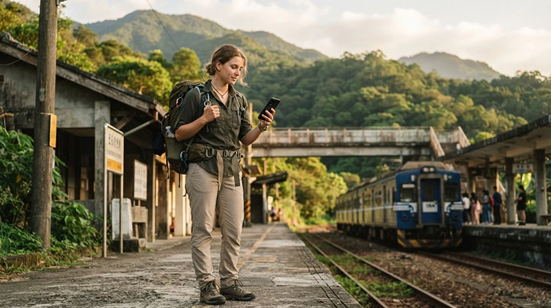 Backpacker using mobile data while travelling by train through Taiwan