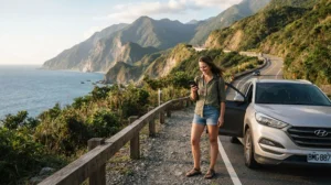 Traveller using mobile data for navigation during a Taiwan road trip